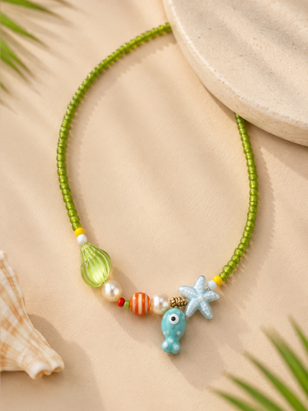 Green Beaded Necklace with Ocean Charms